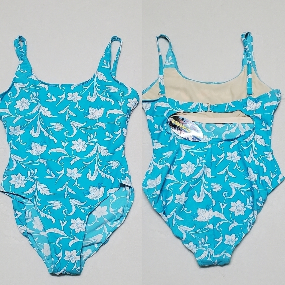 Volup Southern Expressions Sky Blue White Tropical Floral Peek-a-boo Swimsuit XL